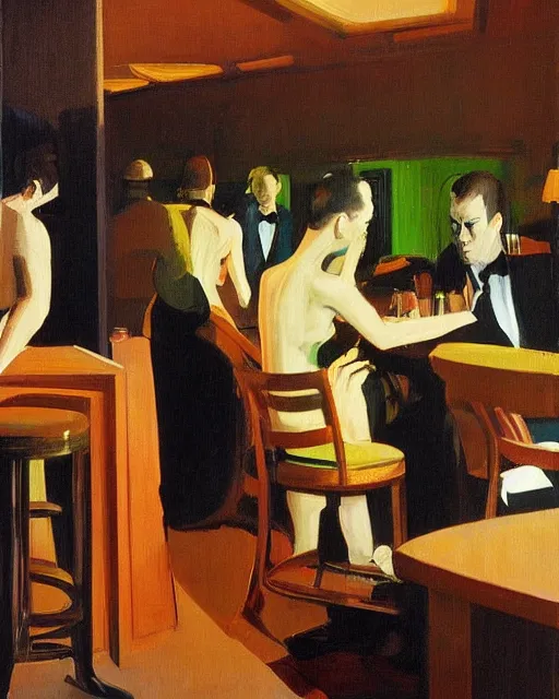 Prompt: crowd of people in a bar in the style of Francis Bacon and Edward Hopper. Strange interior living room with lots of people, surreal. Art by Syd Mead and Frank Lloyd Wright