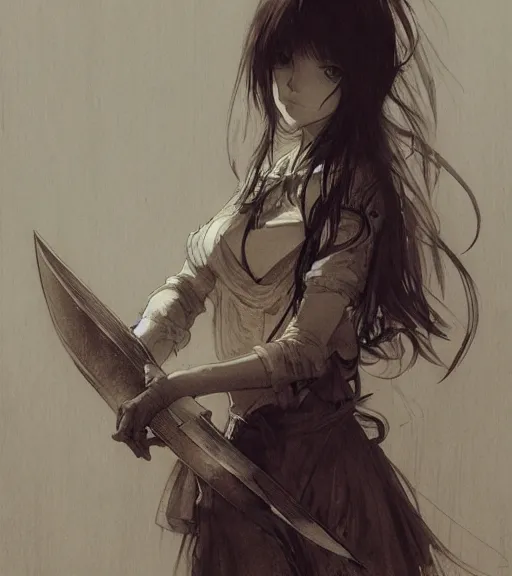 Prompt: portrait of anime girl holding a cleaver, pen and ink, intricate line drawings, by craig mullins, ruan jia, kentaro miura, greg rutkowski, loundraw