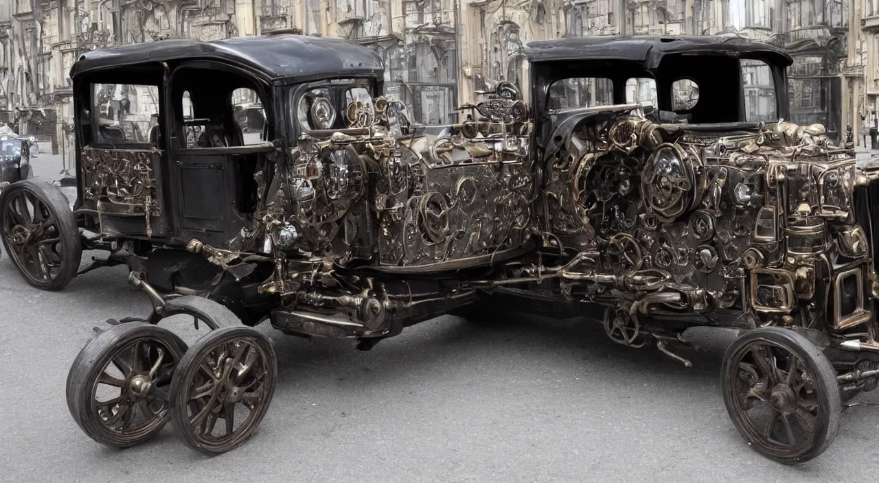 Image similar to a steampunk car with mirror windows