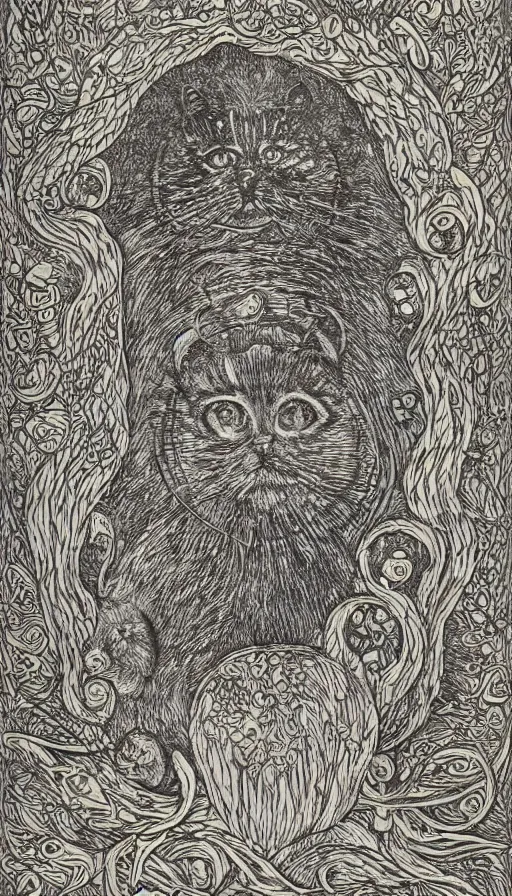 Image similar to The end of an organism, by Louis Wain engraved on a wooden board