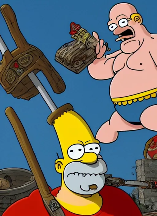 Image similar to painted white Homer Simpson:: depicted as Kratos God of War, Matt Groening art, high detailed official artwork