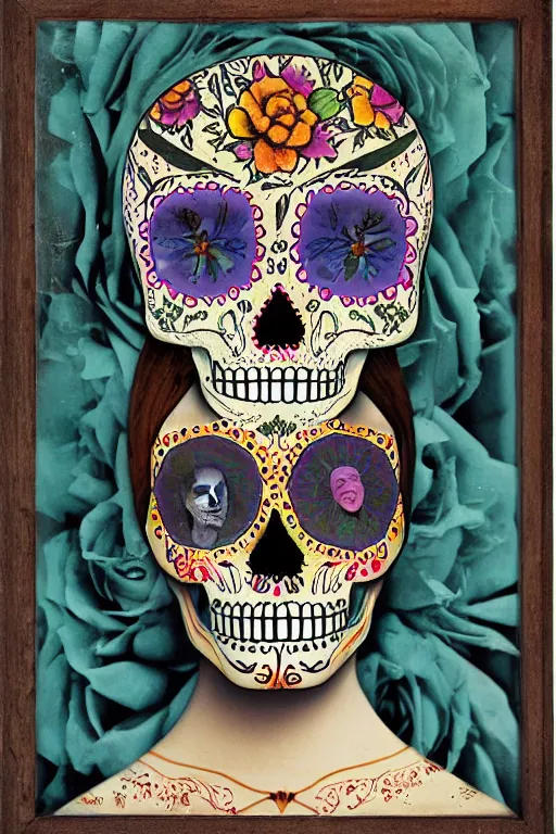 Image similar to Illustration of a sugar skull day of the dead girl, art by joseph cornell