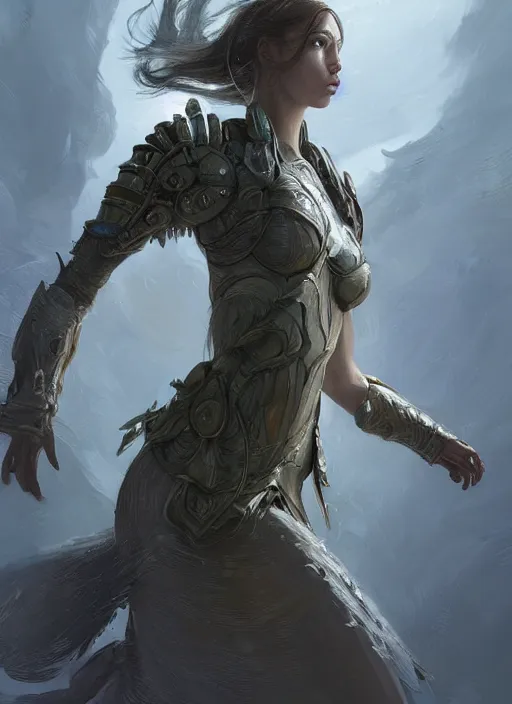 Image similar to a professional portrait of a beautiful young female, clothed in ethereal battle armor, olive skin, long dark hair, beautiful bone structure, symmetrical facial features, intricate, elegant, digital painting, concept art, smooth, sharp focus, finely detailed, illustration, from Valerian and the City of a Thousand Planets, in the style of Ruan Jia and Mandy Jurgens and Artgerm and Greg Rutkowski and William-Adolphe Bouguerea