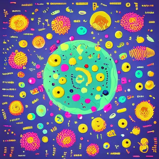 Prompt: bacteria, microbes, virus, dancing in a miniature colorilful world, a poster in the style of push pin studios