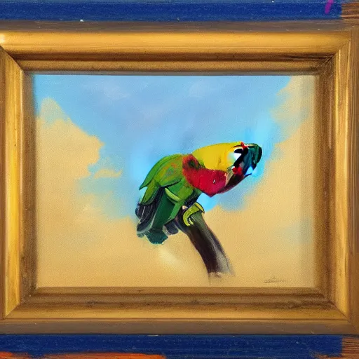Prompt: an oil painting of a parrot sitting on a branch, with a blue sky behind