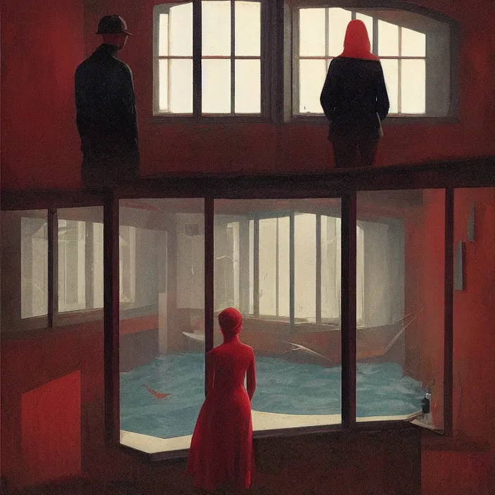 Image similar to fisheye lens, people inside water flooded museum, looking through the window Edward Hopper and James Gilleard, Zdzislaw Beksinski, highly detailed