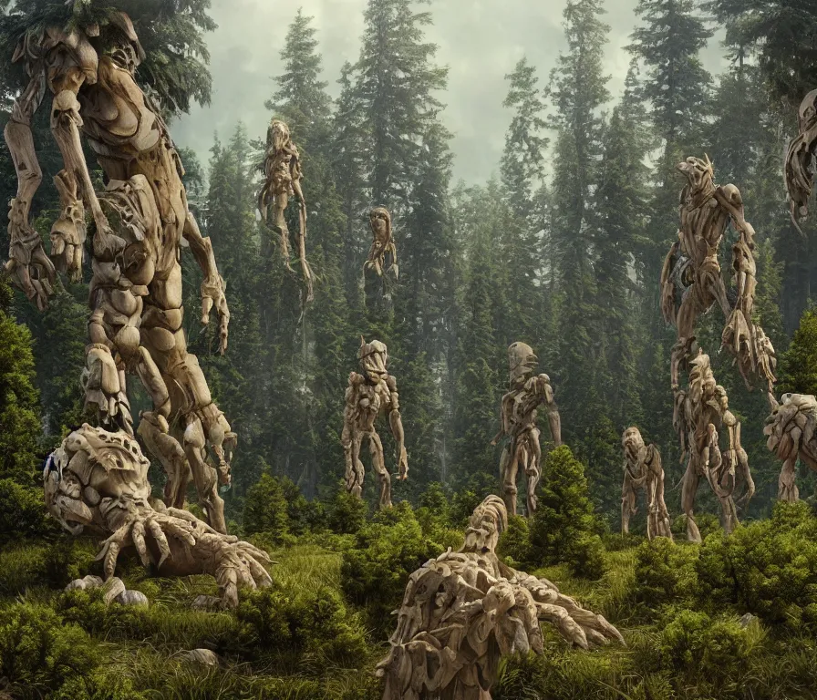 Image similar to a beautiful hyperrealistic detailed 3 d render of colossal golems guarding a wall of infinite pine trees, by roberto robert, anton otto fischer, atey ghailan, unreal engine, octane render, epic, 3 d, intricate, ultra wide, artstation, volumetric lighting, hdr, polished, micro details, ray tracing, 8 k