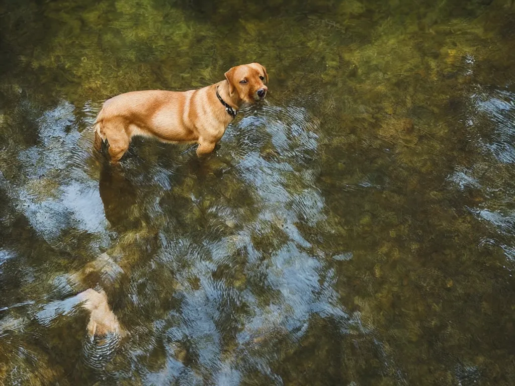 Image similar to a dog standing!!!!! in a stream!!!!!, looking down, reflection in water, ripples, beautiful!!!!!! swiss forest, photograph, character design, national geographic, soft focus