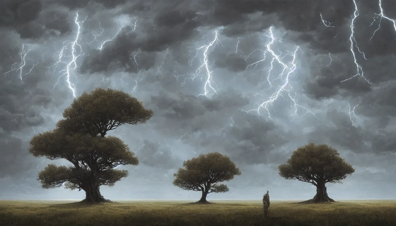 Image similar to a highly detailed epic cinematic concept art CG render digital painting artwork: Lone tree in lightning storm. By Greg Rutkowski, in the style of Francis Bacon and Syd Mead and Norman Rockwell and Beksinski, open ceiling, highly detailed, painted by Francis Bacon and Edward Hopper, painted by James Gilleard, surrealism, airbrush, Ilya Kuvshinov, WLOP, Stanley Artgerm, very coherent, triadic color scheme, art by Takato Yamamoto and James Jean