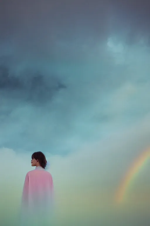 Image similar to high quality pastel coloured film close up wide angle photograph of a model wearing clothing resting on cloud furniture in a icelandic black rock!! environment in a partially haze filled dreamstate world. three point light, rainbow. photographic production. art directed. pastel colours. volumetric clouds. pastel gradient overlay. waves glitch artefacts. extreme facial clarity. 8 k. filmic.