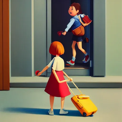 Image similar to goro fujita ilustration cheerful girl taking the suitcases out of her house, painting by goro fujita, sharp focus, highly detailed, artstation