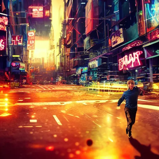 Prompt: people running away scared from a giant with bitcoin head, cinematic, cyberpunk art, hyper-realistic, cryptocurrency, 8k