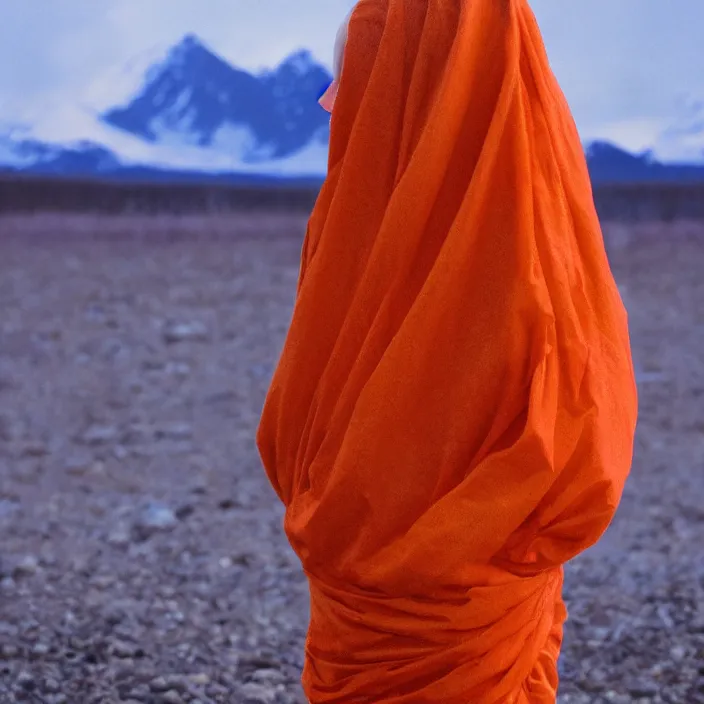 Image similar to closeup portrait of a woman wrapped in orange fiber, standing in alaska, aurora i in background, color photograph, by vincent desiderio, canon eos c 3 0 0, ƒ 1. 8, 3 5 mm, 8 k, medium - format print