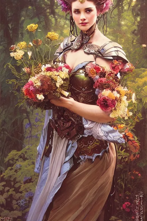 Prompt: portrait of a beautiful mysterious woman warrior wearing an armour costume, holding a bouquet of flowing flowers, hands hidden under the bouquet, fantasy, regal, intricate, by stanley artgerm lau, greg rutkowski, thomas kinkade, alphonse mucha, loish, norman rockwell
