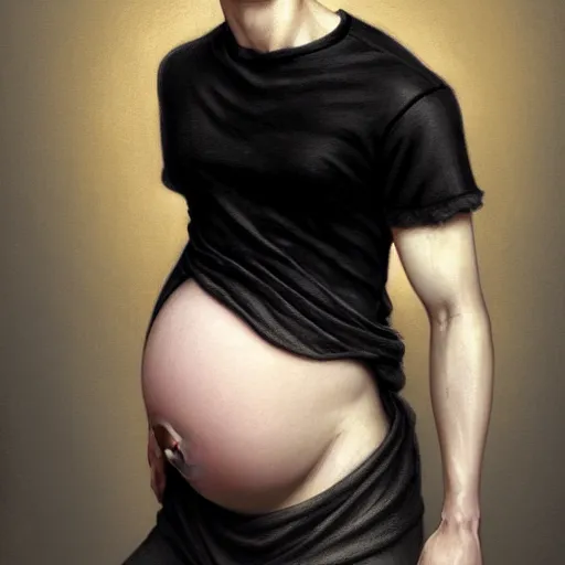 Image similar to A pregnant pale blond young man in a tight black T-shirt, very detailed face, long fluffy curly blond hair, light blond hair, gorgeous, beautiful, intricate, highly detailed, digital painting, artstation, concept art, sharp focus, illustration, art by greg rutkowski and alphonse mucha