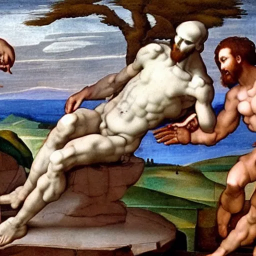 Prompt: Michelangelo's Creation of Adam, Adam reaches out to an alien robot god