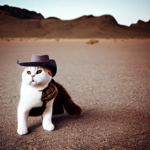 Image similar to a photo of scottish fold cat wearing cowboy hat, posing in the deserted us desert ghost town