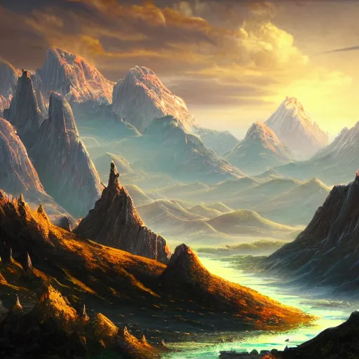 Prompt: The grand landscape with massive mountain in the center in the background, Sci-Fi fantasy desktop wallpaper, painted, 4k, high detail, sharp focus