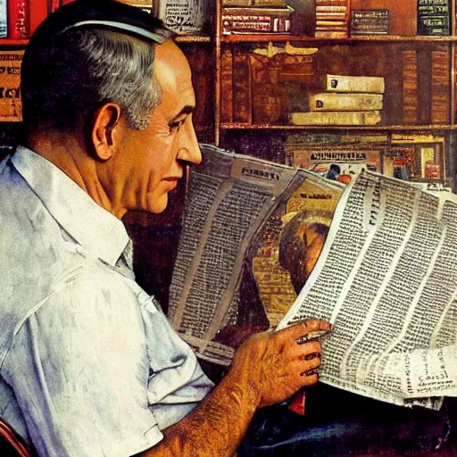 Prompt: portrait of benjamin netanyahu reading a newspaper, by norman rockwell