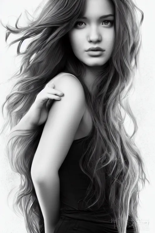 Image similar to full body portrait of a beautiful young woman in black and white, photorealistic, hair down to waist, sharp focus, in the style of Kevin Kostic, Stephen Lau and artgerm, hyper sharp focus, 8k highly detailed