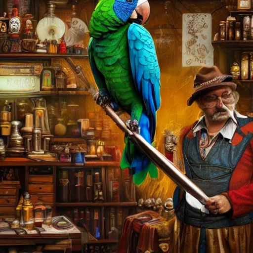 Image similar to A Anthropomorphized parrot trader in his shop, selling his wares, portrait, items, gold, carpet, window, sly expression, cunning expression, D&D, fantasy, intricate, cinematic lighting, highly detailed, digital painting, artstation, concept art, smooth, sharp focus, illustration, magic the gathering artwork, art by Akihiko Yoshida, Greg Rutkowski