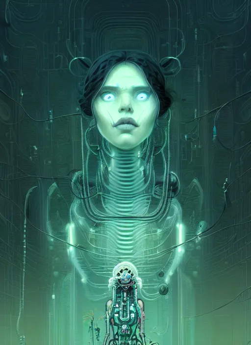 Prompt: highly detailed portrait of a biopunk long curly white hair tribal lady, stray wiring by atey ghailan, james gilleard, by joe fenton, by greg rutkowski, by greg tocchini, by kaethe butcher, 4 k resolution, gradient green, black and white color scheme!!! ( ( irradiated robotic pyramid landscape background ) )