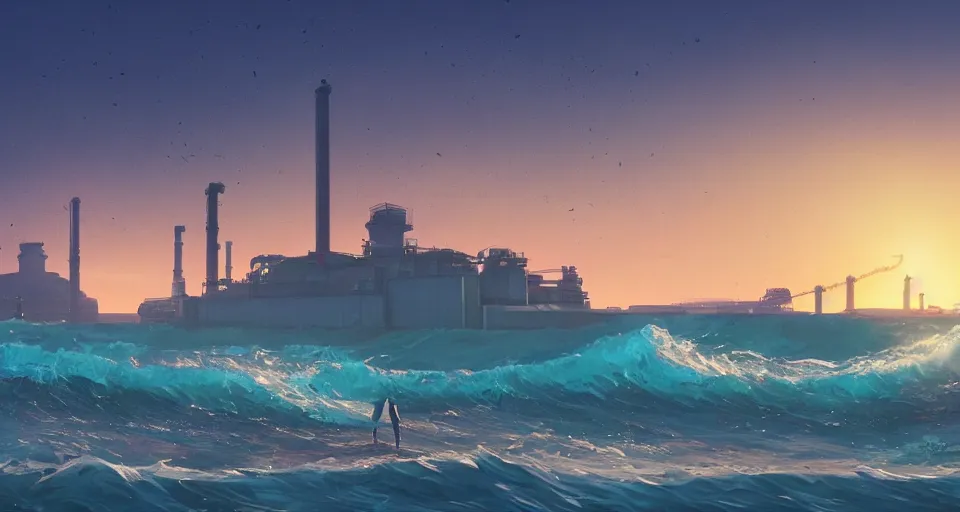 Image similar to A very beautiful serene coastal landscape scene with a GIANT INDUSTRIAL OIL RIGGING FACTORY looming in the distance, bright SUNSET waves splashing on the beach, rendered by simon stålenhag, rendered by Beeple, Makoto Shinkai, syd meade, environment concept, digital art, starwars, Gundam Style, unreal engine, 3 point perspective, WLOP, trending on artstation, low level, 4K UHD image, octane render,