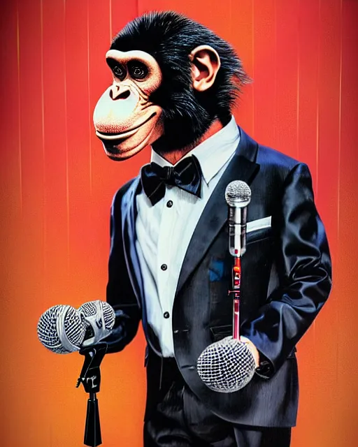 Prompt: a portrait of an anthropomorphic rockstar chimp in a tux singing into a microphone by sandra chevrier, by jon foster, detailed render, tape deck, epic composition, cybernetics, 4 k realistic, cryengine, realistic shaded lighting, sharp focus, masterpiece, by enki bilal