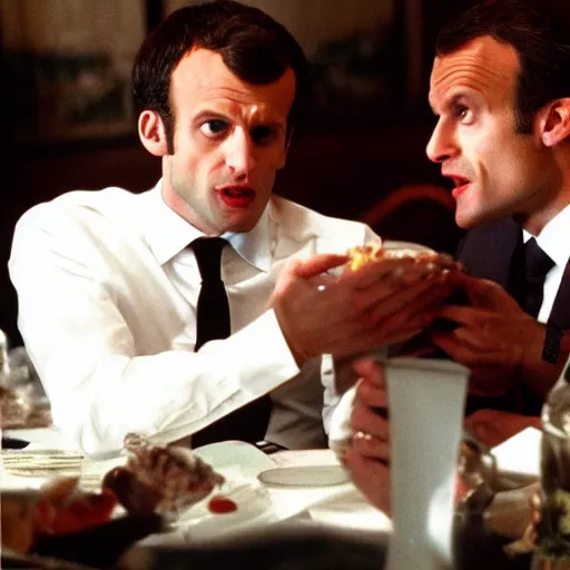 Prompt: Emmanuel Macron eating humans in American Psycho (1999)