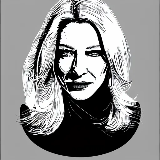 Prompt: a simplified black and white vector based illustration of cate blanchett, created in Adobe illustrator, black ink shading on white background, smooth vector curves, vinyl cut ready