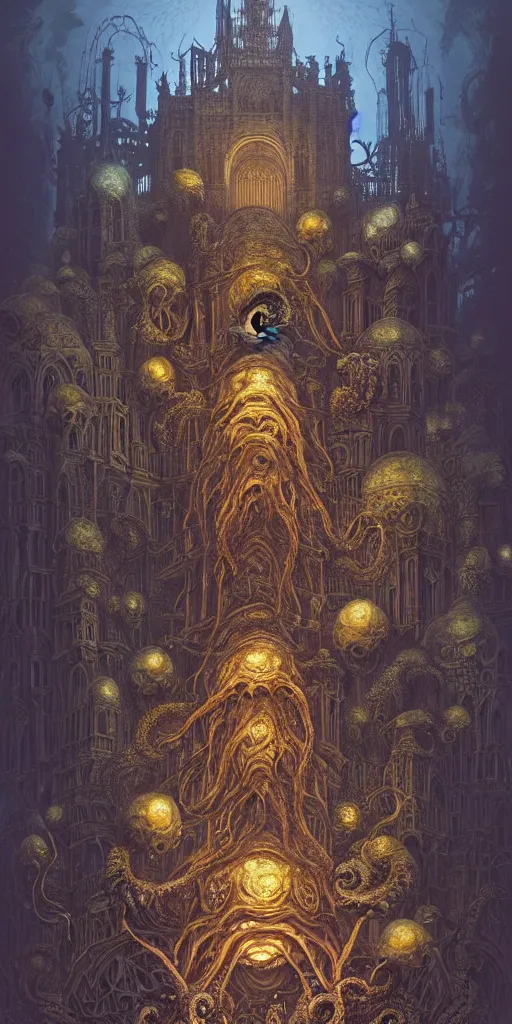 Image similar to group of mankind species mages with big octopus heads and a lot of small translucent jellyfishes floating around inside an ancient mage castle hall colossal scale, gothic and baroque, brutalist architecture, ultradetailed, Intricate by Ellen Jewett and Josan Gonzalez and Giuseppe Arcimboldo