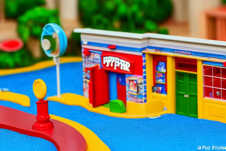 Prompt: fisher price bathhouse, california scene from tv show hyper detailed 5 5 mm 8 5 mm, toy photography, made out of plastic