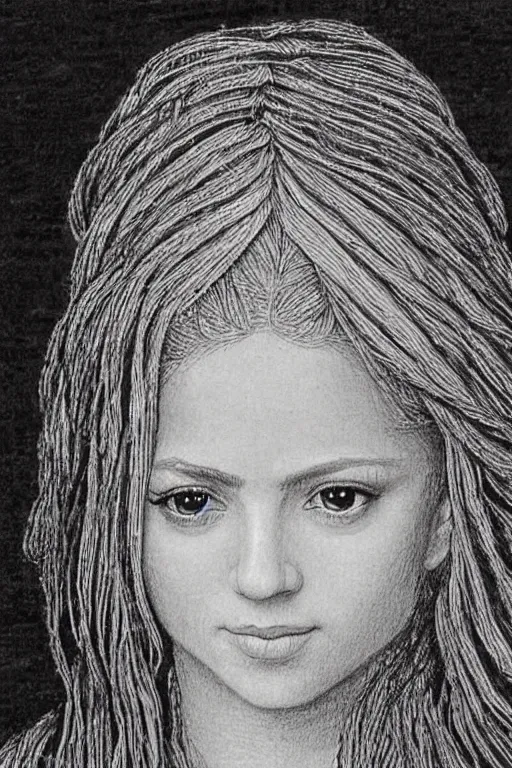 Prompt: a portrait of shakira in the style of leonardo da vinci drawing,, single head, no double head,