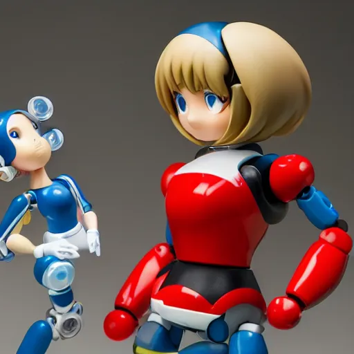 Image similar to photo of figma figures in a diorama : : roll is repairing computers in dr. light's laboratory. roll is a cute female ball - jointed robot ( in the style of mega man ) who has blonde hair with bangs and a ponytail tied with a green ribbon. she is wearing a red one - piece dress with a white collar, and red boots.