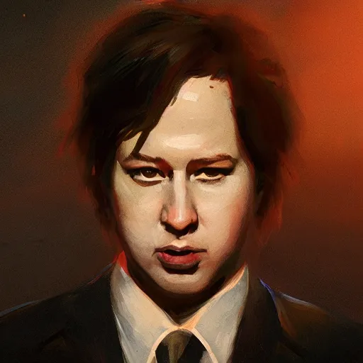 Image similar to closeup portrait of a young bill hicks, dramatic lighting, city background, night, moon, chiaroscuro, high detail, painted by greg rutkowski, painted by igor kieryluk, painted by bobby chiu, trending on artstation