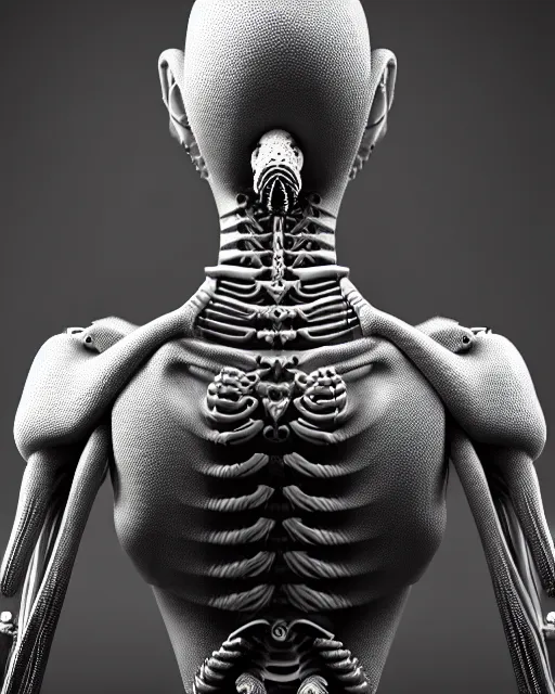 Prompt: raw bw 3 d render biomechanical intricate spinal ribbed exotic alien organic body detail of mechanical female cyborg, beautiful insanely detailed, digital art, octane render, 8 k artistic photography, photorealistic