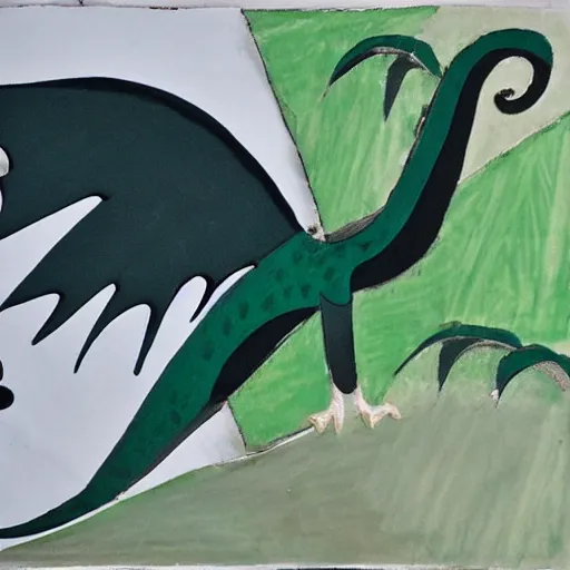 Prompt: Dragon flying above a green field in style of Picasso