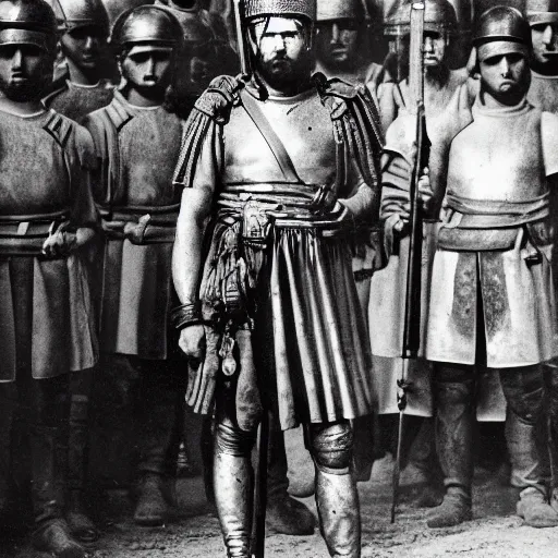 Image similar to photograph of a roman soldier in front of his army, ancient rome, photograph