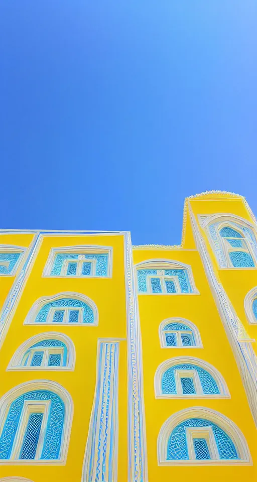 Image similar to pastel yellow turkish architecture in front of a light blue clear sky, beautiful, minimalistic, aesthetic, two tone, adult swim style