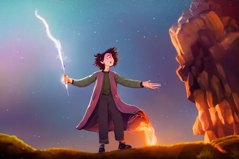 Image similar to a young adult wizard with very detailed face, hair clothes and shoes points their wand fiercely from which a blast of bright magic flies from the end of the wand, on an empty moonlit hill, dramatic lighting, lens flare, cinematic photography