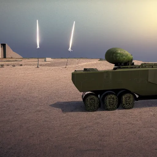 Image similar to Half Watermelon and half military HIMARS vehicle with epic weapons, launching rockets on a battlefield, russian city as background. Concept digital 3D art in style of Caspar David Friedrich. Rendered in unreal engine 5, artstationHD, 4k, 8k, 3d render, 3d Houdini, cinema 4d, octane epic RTX volumetric dramatic light