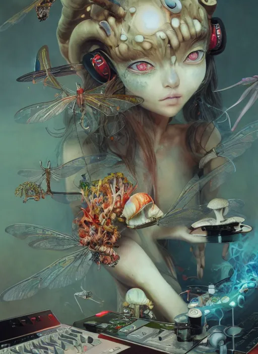 Image similar to surreal gouache painting, by yoshitaka amano, by ruan jia, by Conrad roset, by good smile company, detailed anime 3d render of a wild mushroom Surrounded by a magical dragonfly and a big DJ Mixer, deck, portrait, cgsociety, artstation, rococo mechanical and Digital and electronic, dieselpunk atmosphere