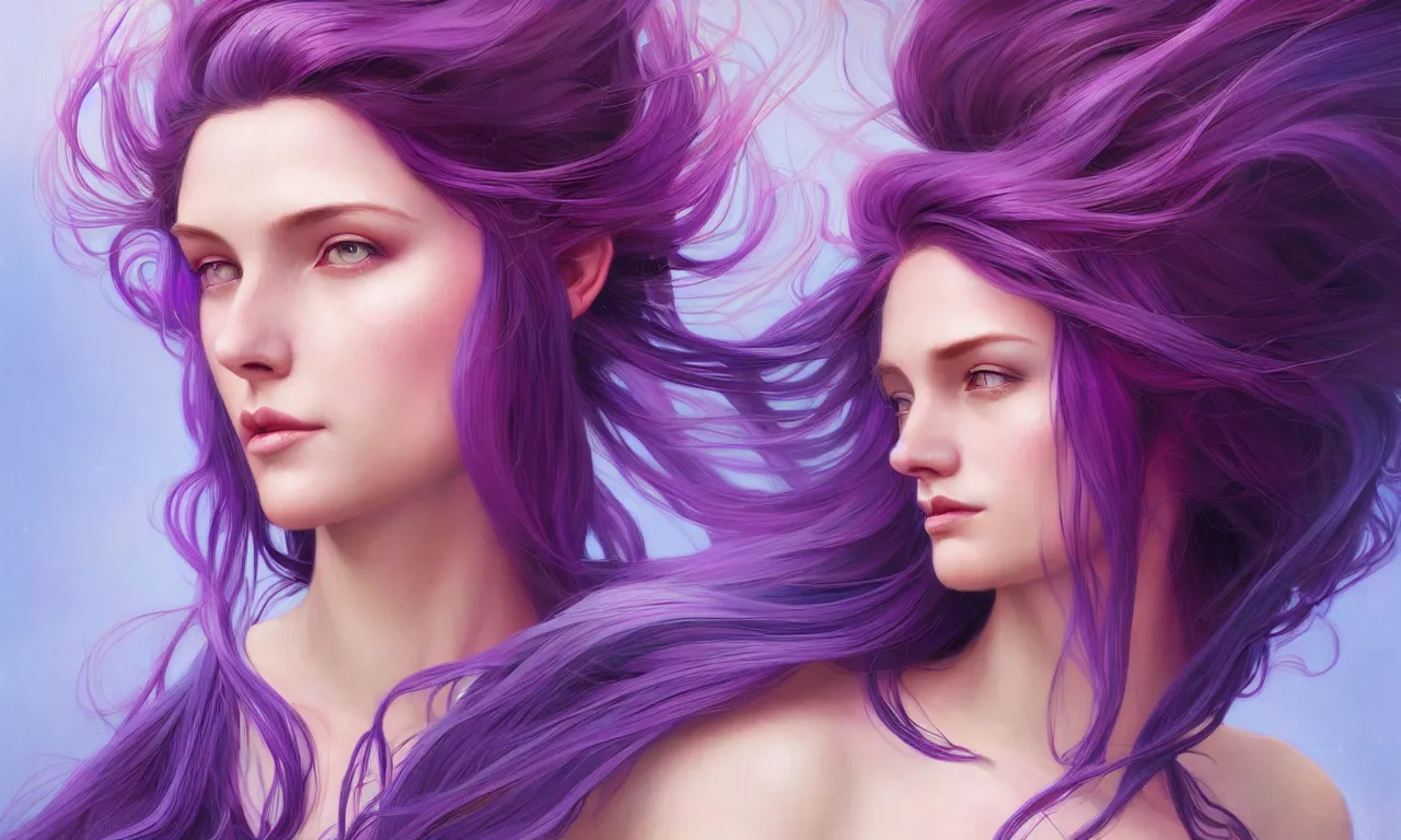 Image similar to Portrait of a woman with bright colored flying hair, all shades of purple. Hair coloring, amber eyes, face, long hair, fantasy, intricate, elegant, highly detailed, digital painting, artstation, concept art, smooth, sharp focus, illustration, art by artgerm and greg rutkowski and alphonse mucha