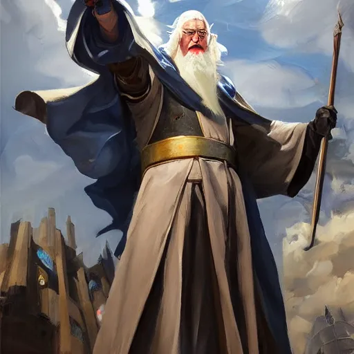 Image similar to greg manchess portrait painting of partially armored albus dumbledore as overwatch character, medium shot, asymmetrical, profile picture, organic painting, sunny day, matte painting, bold shapes, hard edges, street art, trending on artstation, by huang guangjian and gil elvgren and sachin teng