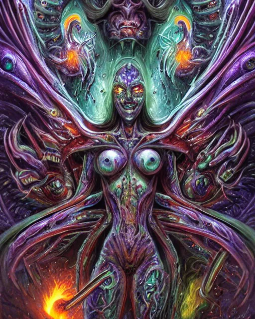 Image similar to silver mechanical charred bloody fleshmetal cyborg daemonhost woman psychedelic flamer of tzeentch with extra arms, blue and green rainbow fire, by antonio j. manzanedo, alex grey, android jones, wayne barlowe, philippe druillet, raymond swanland, cyril rolando, josephine wall, cronenburg, trending on artstation