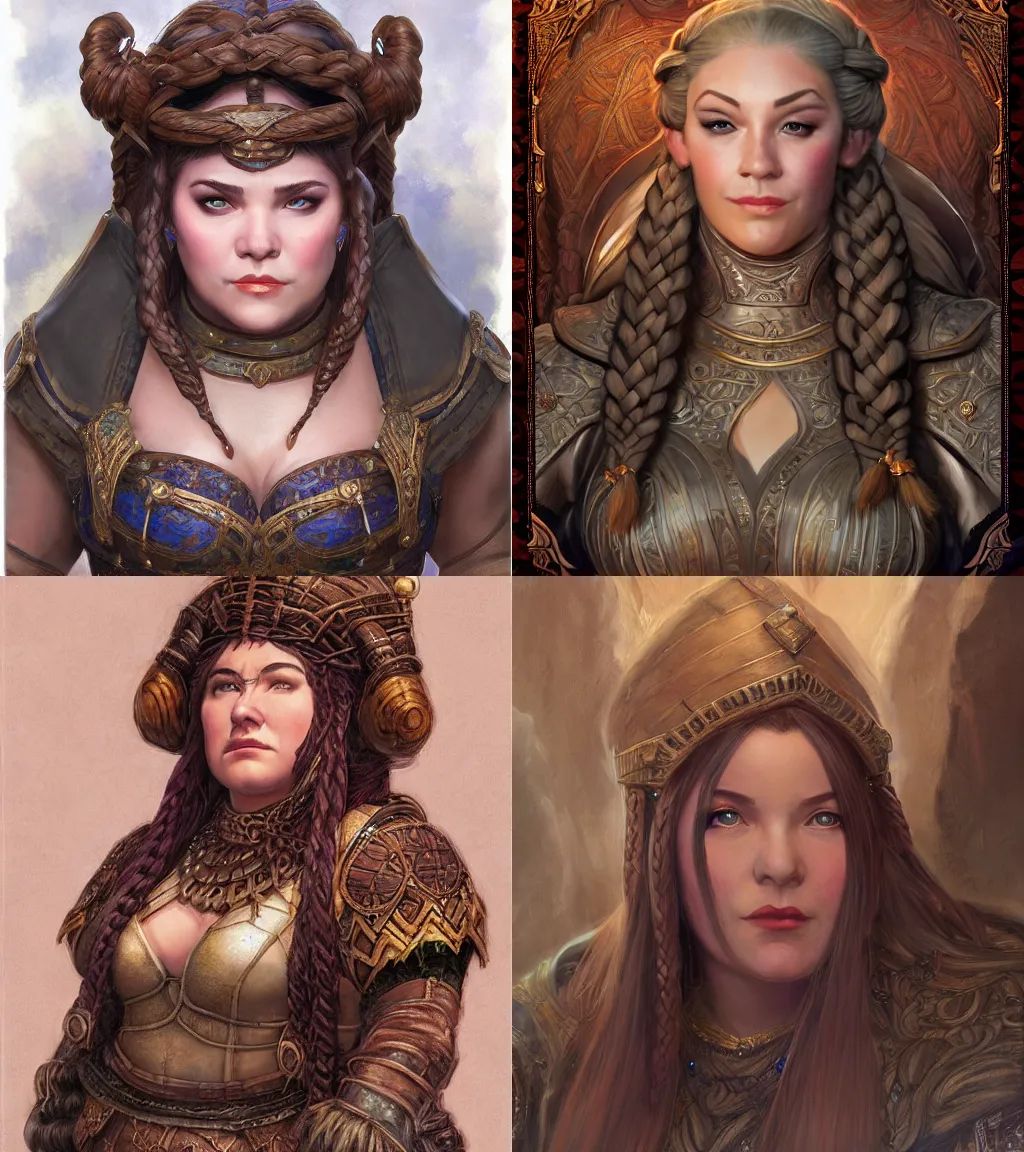 Prompt: plump female dwarven noblewoman | complex braided hairstyle | hyperdetailed | donato giancola | waist-up portrait | big nose | dungeons and dragons |