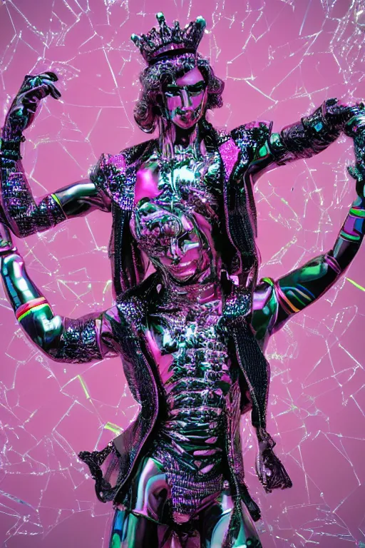 Prompt: hyper detailed ultra sharp fullbody photo of baroque and cyberpunk reflective pink ceramic sculpture of a muscular seductive young brazilian feeling highly aroused bem dotado, iridescent humanoid deity wearing black and white striped seethrough cloak, holding a rainbow tiger gem, blue diamond, glowing pink face, crown of white diamonds, cinematic lighting, photorealistic, octane render 8 k
