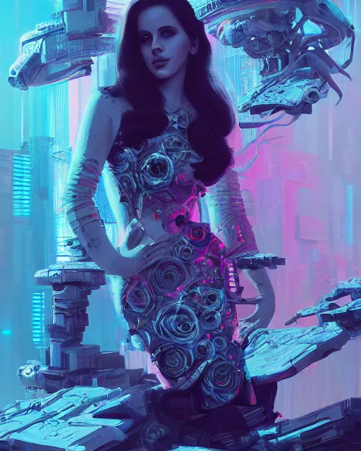 Image similar to portrait of lana del rey as a cyberpunk cyborg. roses, sci - fi, intricate abstract, upper body, intricate artwork, by tooth wu, wlop, beeple, dan mumford. concept art, 8 k octane render, deviantart, greg rutkowski, cinematic, key art, hyperrealism, iridescent accents