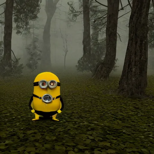 Prompt: creepy, scary, horror minion in dark forest, 8k, CryEngine