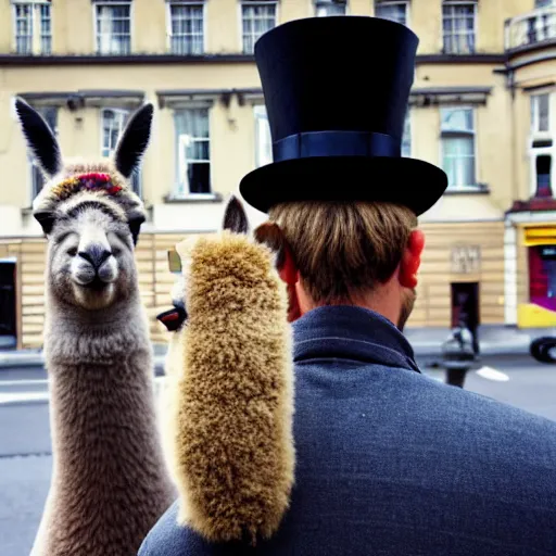 Prompt: <photograph accurate=true quality=very-high>looking out the window at a busy city street</photograph><photobomb>alpaca</photobomb><wearing>top hat</wearing>